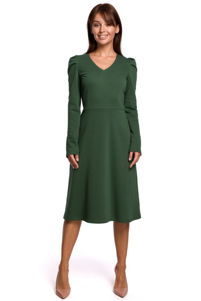 Sukienka Midi - Fason A Długi Rękaw Dekolt V - zielona